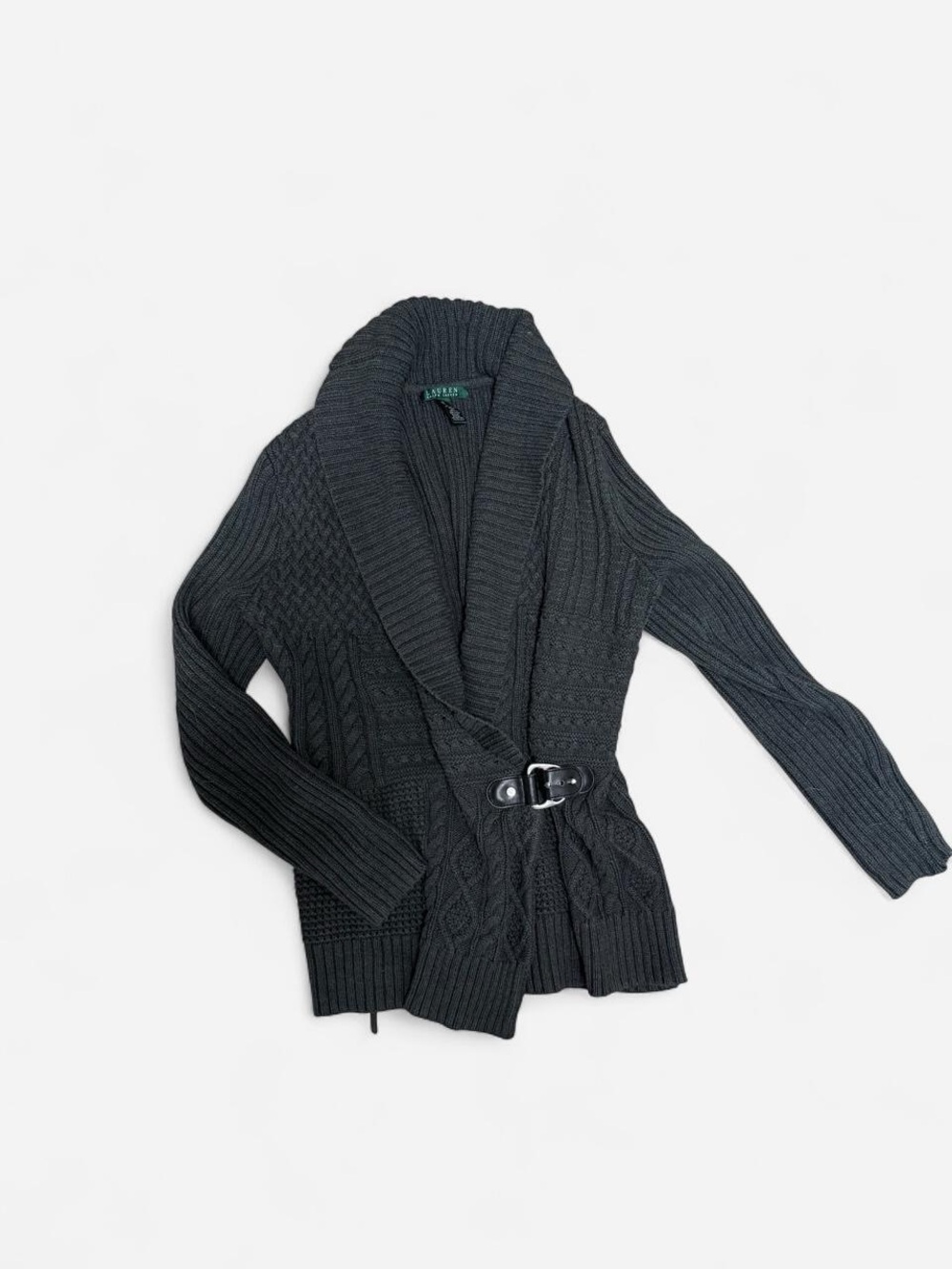 Ralph Lauren Black Cable-Knit Shawl Collar Cardigan with Buckle Detail